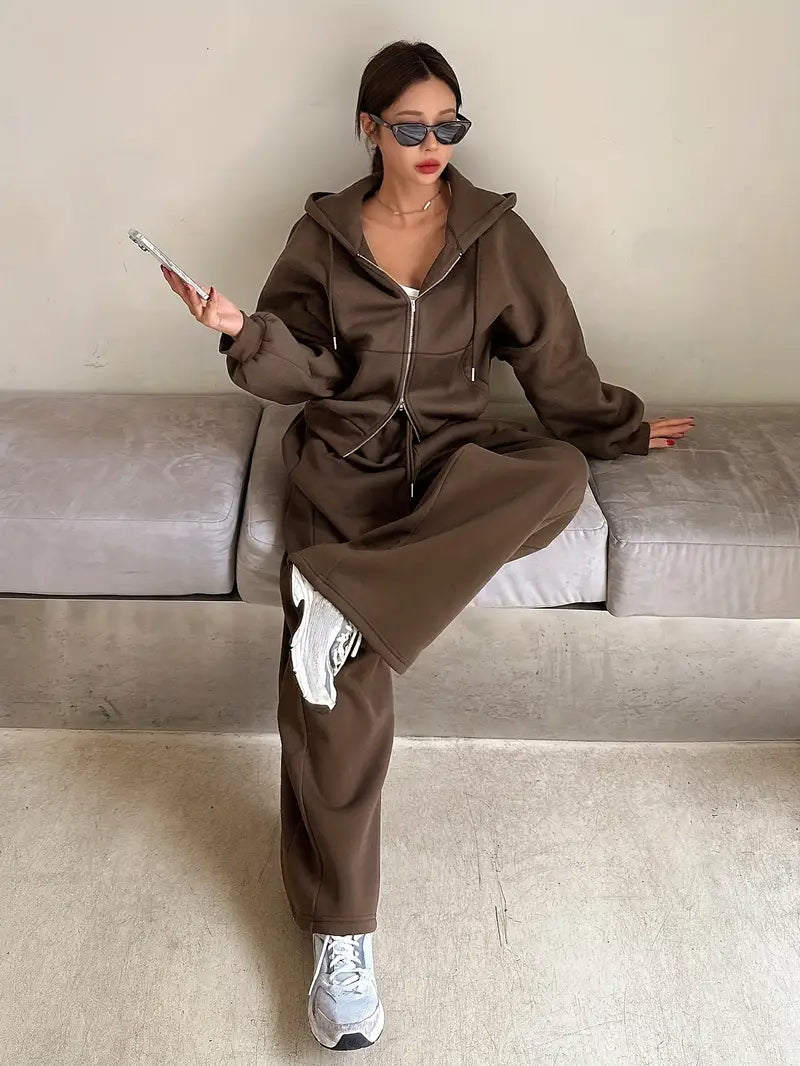 Completo Donna Autunno-Inverno a Due Pezzi – Maniche Lunghe e Pantaloni in Tinta Unita