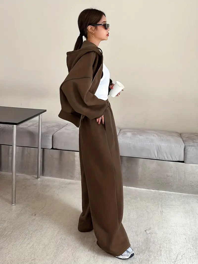 Completo Donna Autunno-Inverno a Due Pezzi – Maniche Lunghe e Pantaloni in Tinta Unita